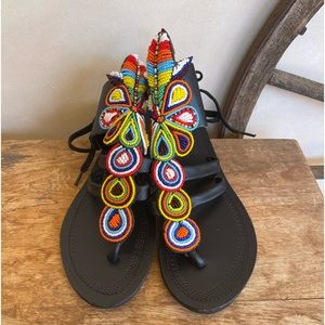 SANDALS Black Leather Colorful Hand Beaded Design Ankle Ties EU-39 US-8.5 NEW!!!